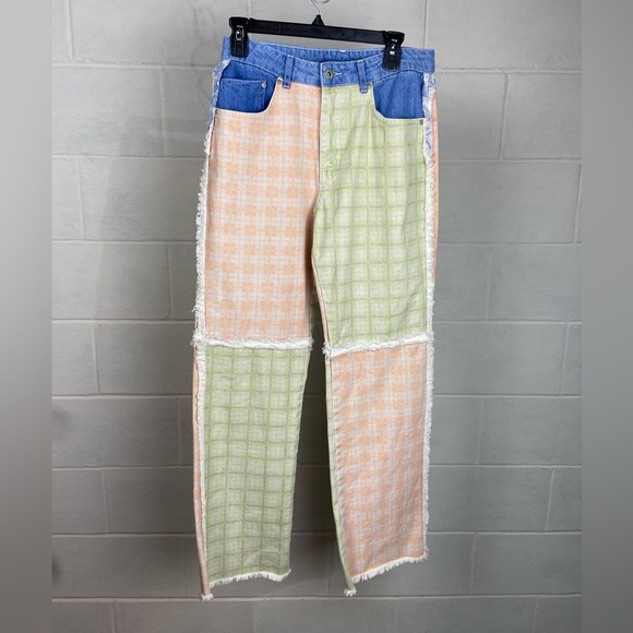 NEW Ragged Priest Multicolor Patchwork‎ Check Wide Leg Jeans Size 28 Fringe Boho - Picture 2 of 12